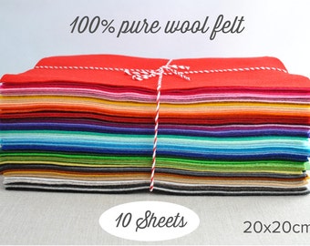 100 Percent Wool Felt Squares, 20x20cm - Pick 10 colours