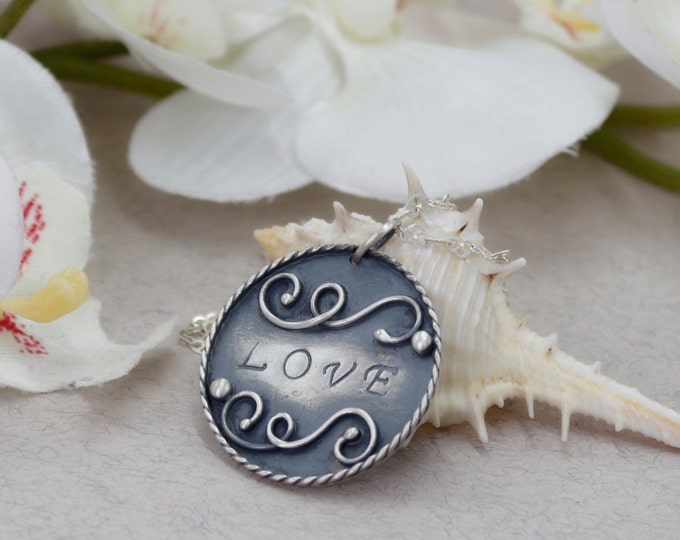 Love Pendant Love Necklace Hand Stamped Jewelry Disk Necklace Gift for Her Anniversary Gift Personalized Gift Personalized Jewelry