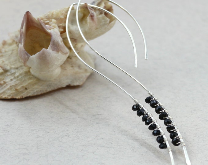 Black Stone Simple Everyday Earrings Sterling Silver Minimalist Earrings Black Spinel Hoop Earring Long Silver Earings Thin Silver Earrings