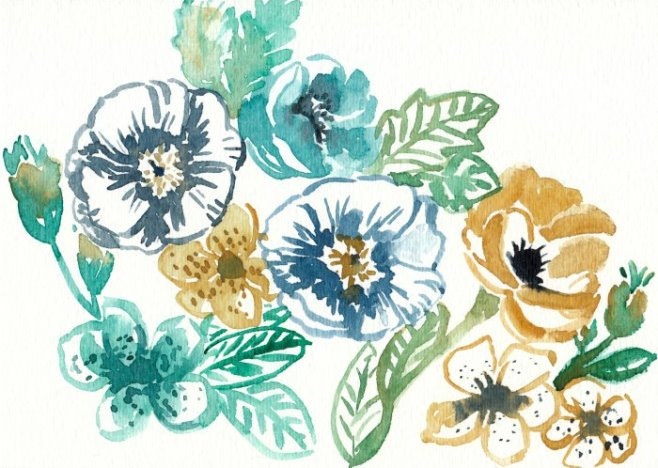 Watercolor Flowers 5x7 Original Painting blue gold navy