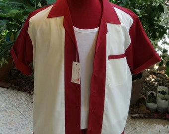 Handmade 1950's Style Mens Rockabilly, Vintage, Bowling Shirt Burgundy & Cream Shirt