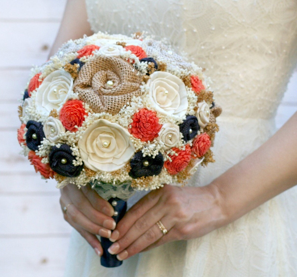 Wedding Bouquet Coral Orange Navy Blue // Bridal Bouquet