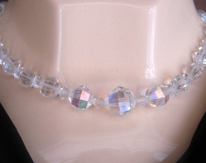 Mid Century Aurora Borealis Austrian Crystal Glass Bead Choker Necklace / Wedding Bridal / Jewelry / Jewellery