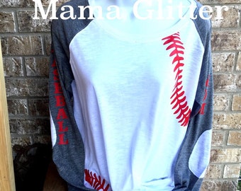 Baseball Laces T-Shirt, baseball mom shirt, Long Sleeve preppy Tee- Number and name on back, Baseball Mom on sleeve