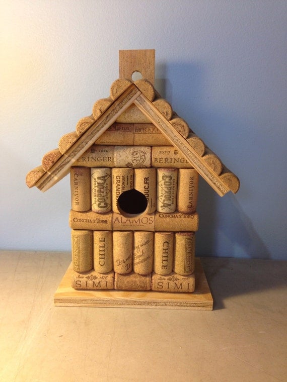 Wine cork and wood wooden birdhouse bird house handmade with