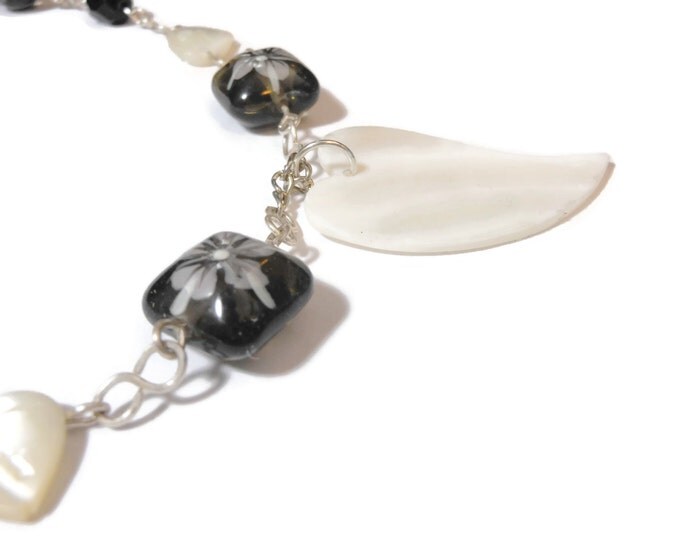 FREE SHIPPING Heart necklace pendant, mother of pearl heart beads MOP, vintage black glass, Czech crystal lampwork floral beads