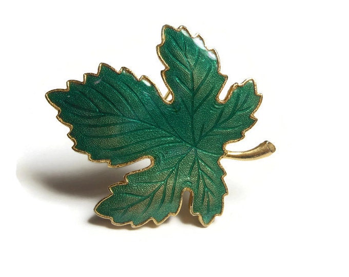 FREE SHIPPING Maple leaf brooch, green enamel with orange gold highlights, gold tone edging, great vein work