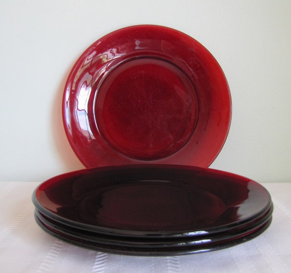 Vintage Ruby Red Glass Dinner Plates Set of 4