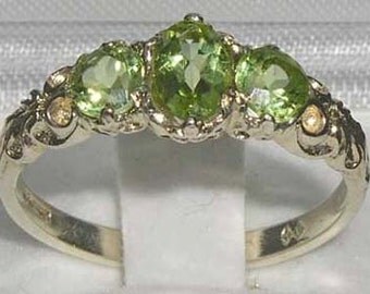 English 10K White Gold Genuine 3 Peridot Promise Ring, English Victorian Style Trilogy Band Ring - Customize: 9K,14K, 18K, Gold