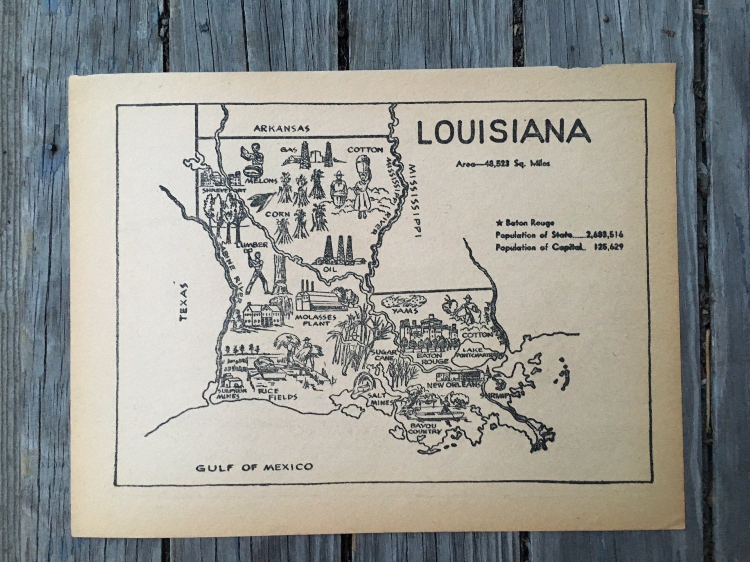 Louisiana Map Print / Vintage Map Art / 1950s State Wall Decor