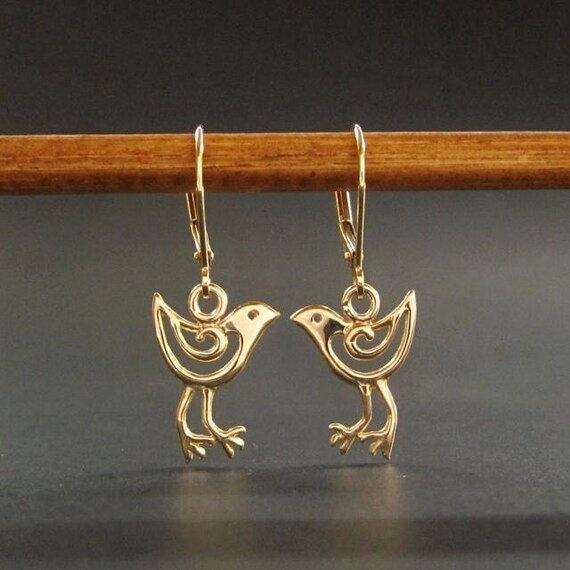 Gold Bird earrings Solid 14k Bird leverback earrings recycled