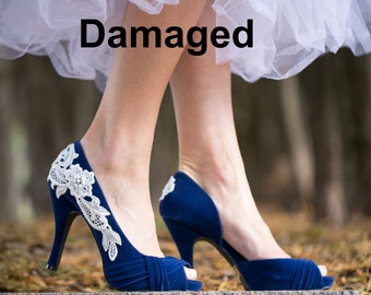 Damaged - SALE - Blue Wedding Shoes, Blue Wedding Heels, Blue Heels, Peep Toe Heels, Bridal Shoes, Blue Pumps with Ivory Lace. US Size 10