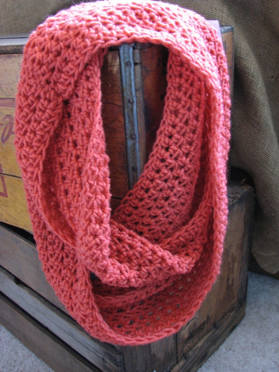 Items Similar To Bright Salmon Crochet Infinity Scarf On Etsy