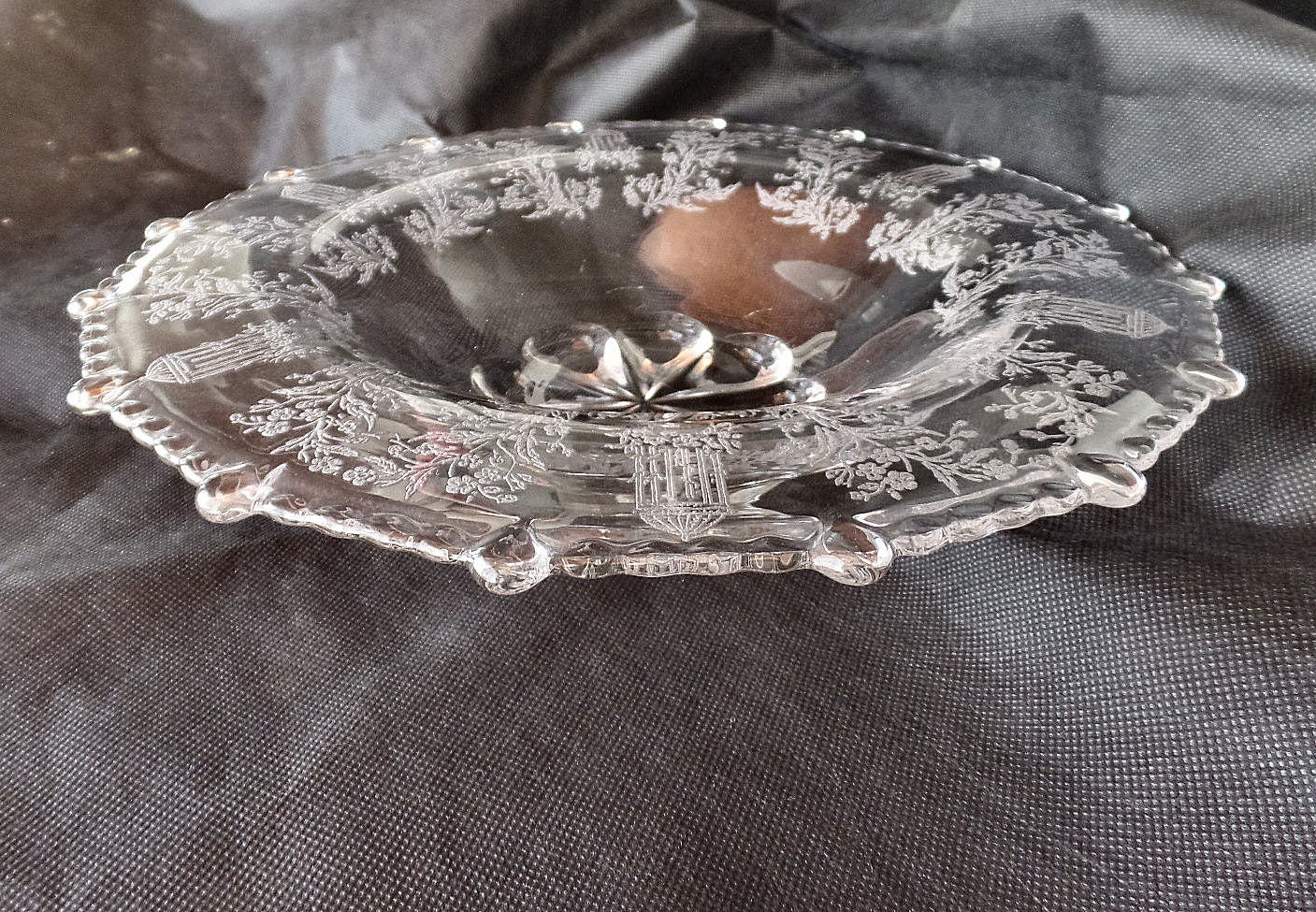 Etched Glass Bowl Paden City WV Glassware Decorative Art