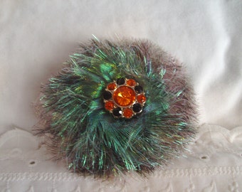 Iridescent Black Hair Clip - Fray Flower Hair Clip - Sparkling Hair Clip - Halloween Flower Hair Clip - Orange/Black Rhinestone Flower Clip
