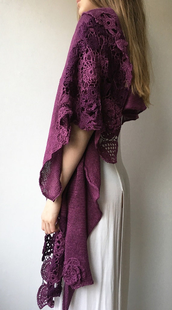 Purple freeform crochet shawl knitted and crocheted shawl