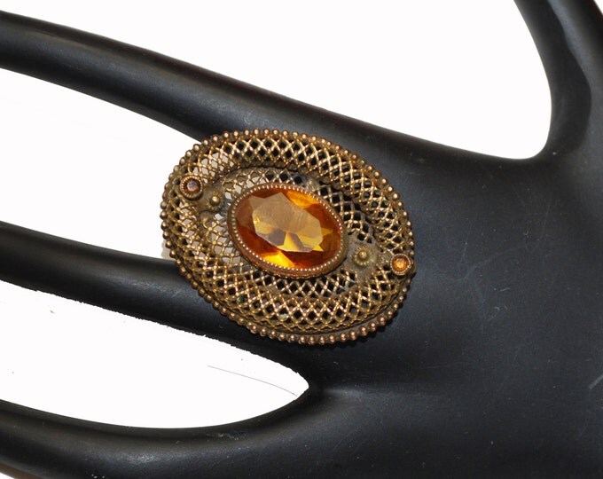 Czech Brooch - Gold Filigree Gilt Brass - Amber citrine Glass Pin