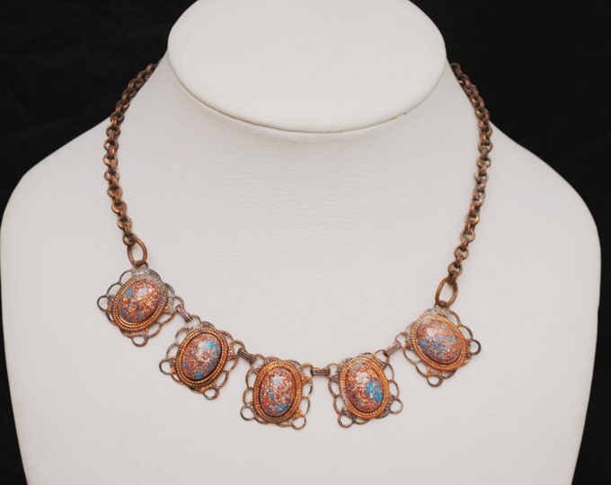 Copper Goldstone Necklace -Mid Century - Confetti Lucite - Link Necklace