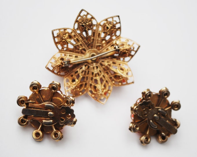 Celluloid Flower brooch and matching earrings set - Coral molded CelluloidPlastic - Rhinestone - Gold Filigree -