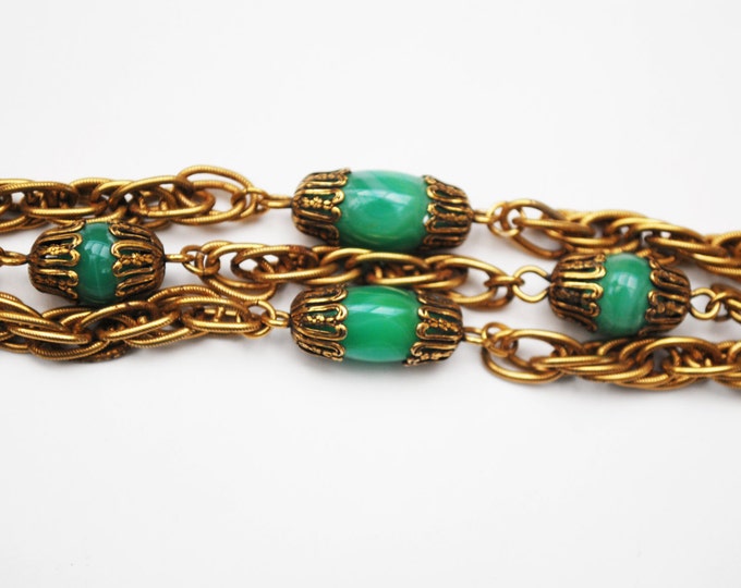 Multi chain Bracelet - Green Art glass - Peking glass - Vintage Triple gold chain