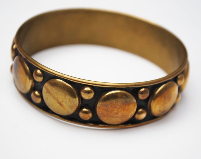 Boho Brass bangle - Gold Polka dot - black Enameling bracelet