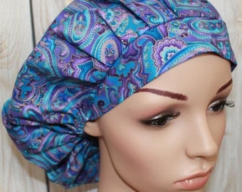 Bouffant Scrub Hat, Purple & Blue Jewel Paisley,t, Surgical Scrub Hat, OR Nurses Scrub Hat, Scrub Cap