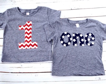 one Birthday Shirt boys 1st birthday red white blue American Flag USA America stars stripes Triblend grey 4th of July Military Nautical