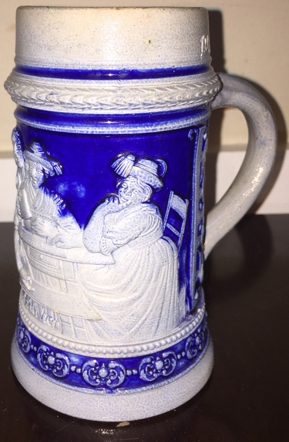German Cobalt Blue Beer Stein Vintage Ceramic Blue & White