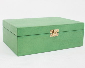 Wooden Tea Box / 6 Compartments Box / Wooden Keepsake Box / Jewelry Box / Green Box / Plywood Box / Personalized Box Option