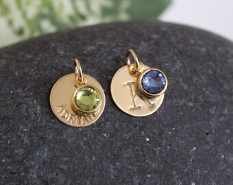 Gold initial and birthstone, name and birthstone charm - 14k gold filled hand stamped charm