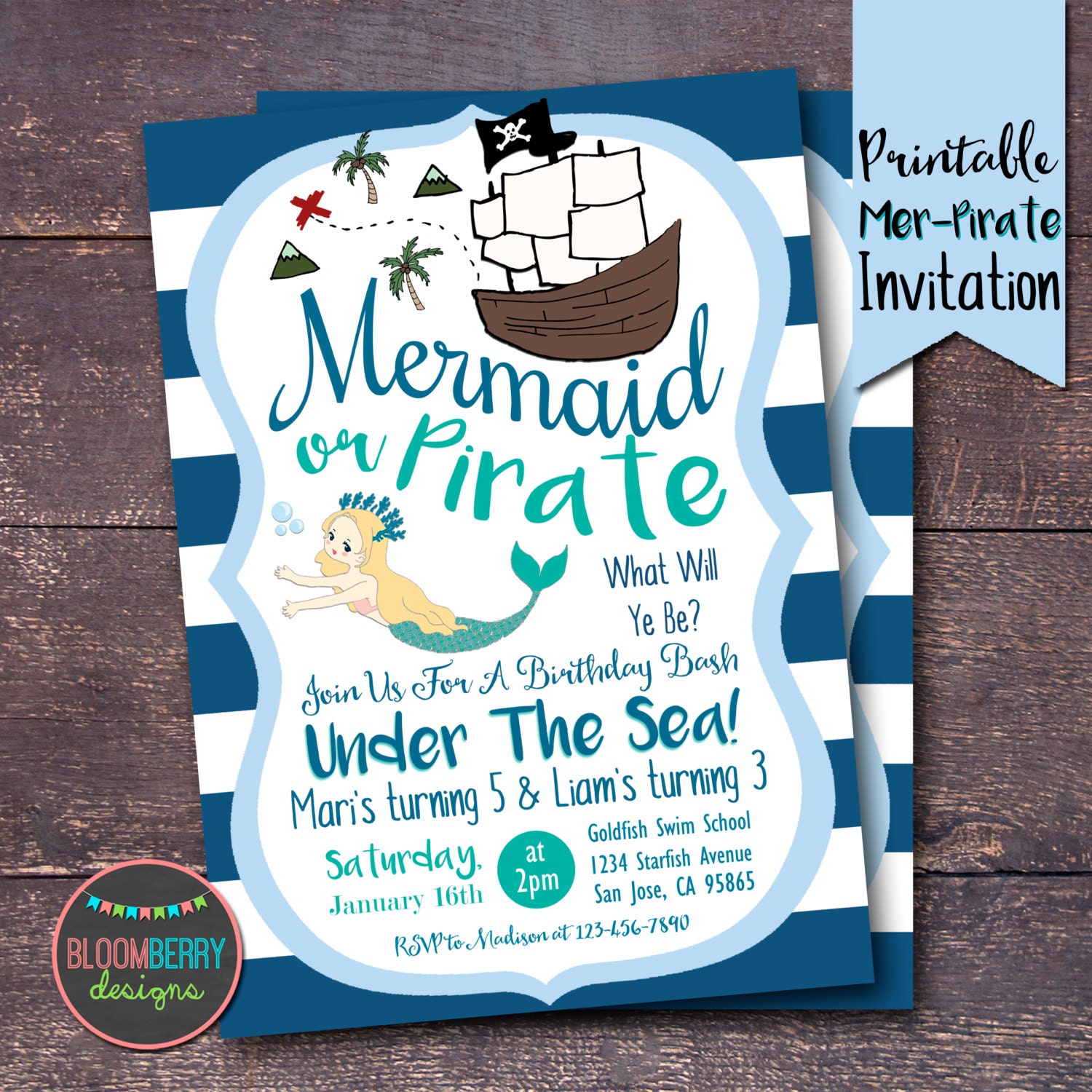 Pirates and Mermaids Party Invitation Mermaid Pirate Birthday