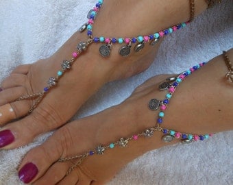 Crochet Barefoot Sandals Beach Wedding Yoga Shoes Foot Jewelry Silver Pink Blue