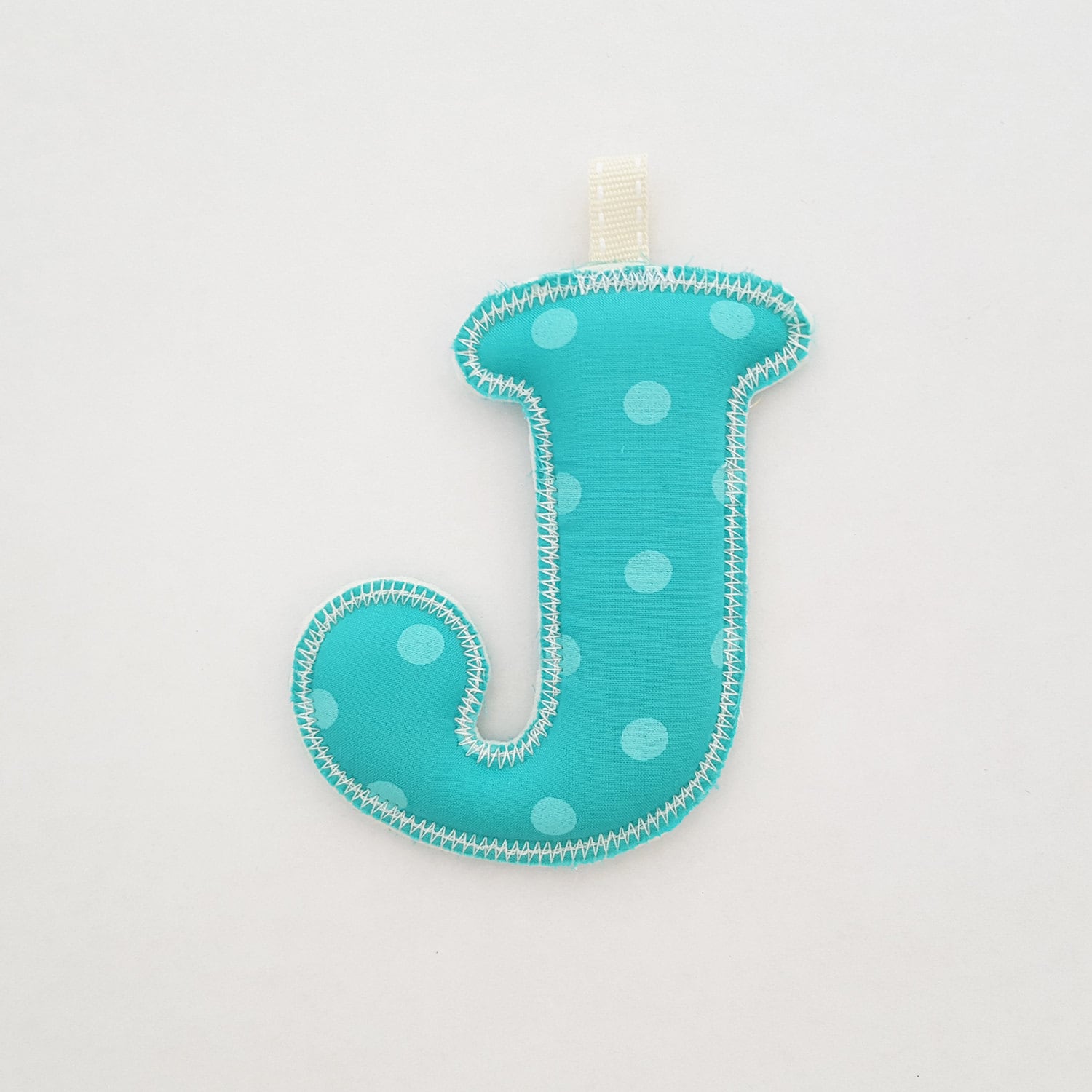 J Turquoise with white large polka dots Fabric Letter