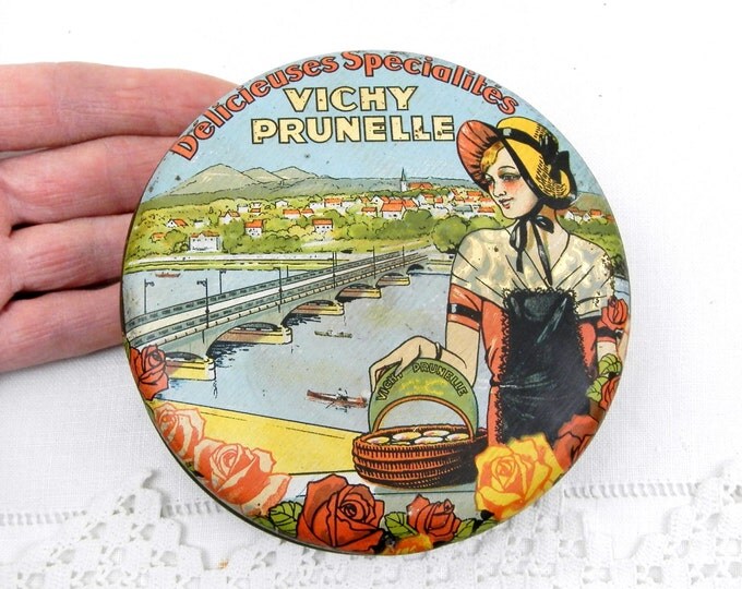 Antique French Metal Candy Tin, Vichy Prunelle, Illustration of the Allier River, Young Woman and Roses, Retro Vintage Home Decor, Country Antique French Metal Candy Tin, Vichy Prunelle, Illustration of the Allier River, Young Woman and Roses, Retro Vintage Home Decor, Country
