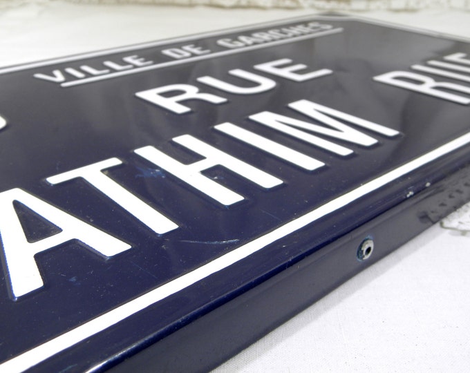 Vintage French Embossed Blue and White Enamel Metal Street Sign "Athim Rue" Street in the Town of Garches near Paris, Porcelain Sign France
