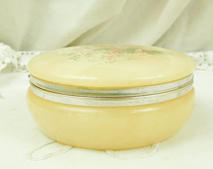 Vintage French Carved Hand Painted Alabaster Stone Lidded Powder Pot, Brocante Boudoir Box from France, Cosmetic Make Up Accessory Vintage French Carved Hand Painted Alabaster Stone Lidded Powder Pot, Brocante Boudoir Box from France, Cosmetic Make Up Accessory