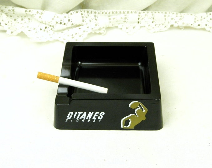 Vintage French Black Melamine Bistro Gitanes Blondes Cigarette Ashtray, Retro Collectible Promotional Tobacciana Ash Tray from France,