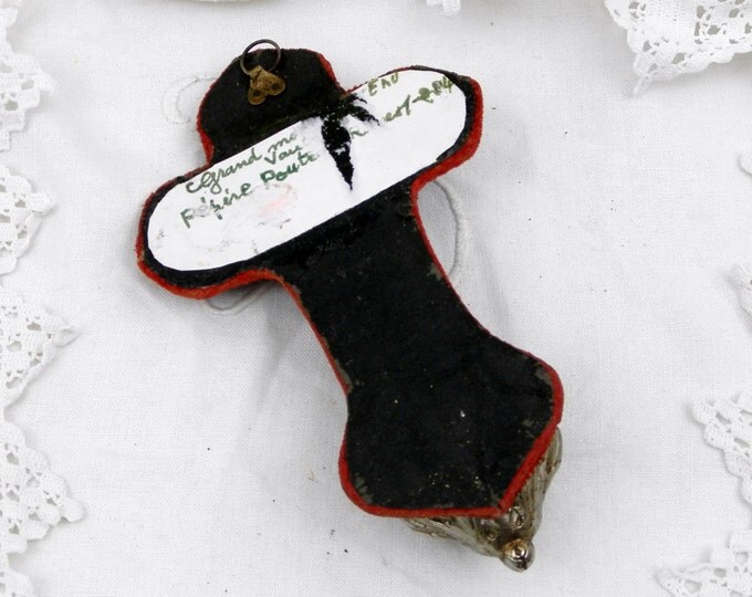 Antique French Catholic Red Velvet, Silver and Gold Plated Crucifix with Font, Religious, Religion, Jesus, Christian, Church, Retro Home