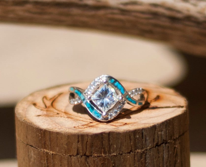Womens Engagement Ring 1CT Moissanite w/ Turquoise Inlay