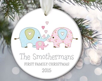 First Family Christmas with baby girl or baby boy, Personalized Christmas Ornament of Elephant Family Gift Elephant Ornament OR670