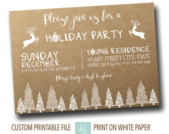 Rustic Holiday Party Invite- Printable Holiday Party Invitation- Christmas Party Invite- Digital File