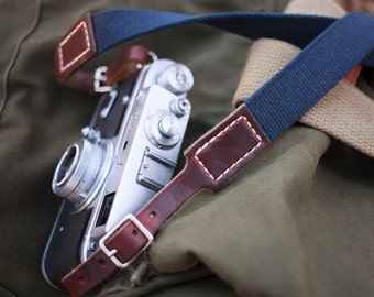 Rich brown leather camera strap: Navy cotton and Horween Chromexcel