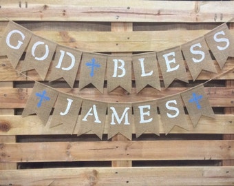 First Communion Banner, Baptism Banner, Christening Decorations, God Bless Burlap Banner, Confirmation Bunting Garland, Photo Prop
