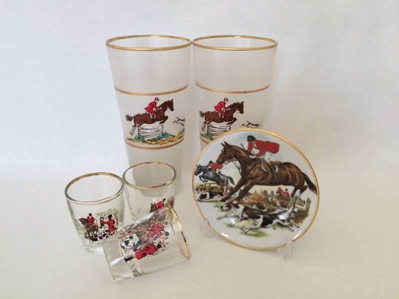 FOX HUNTING BEER & Shot Glasses Trinket Dish Tray Horse