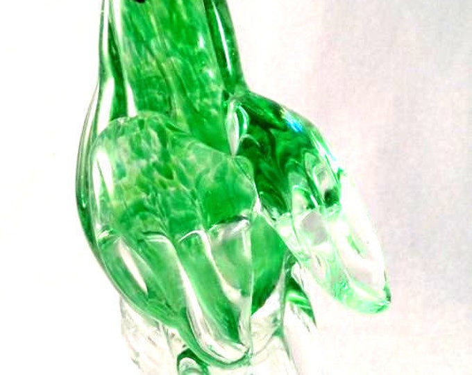 Murano Glass Parrot Sculpture, Cockatoo Glass Bird, Large Green Cased Glass, Art Glass