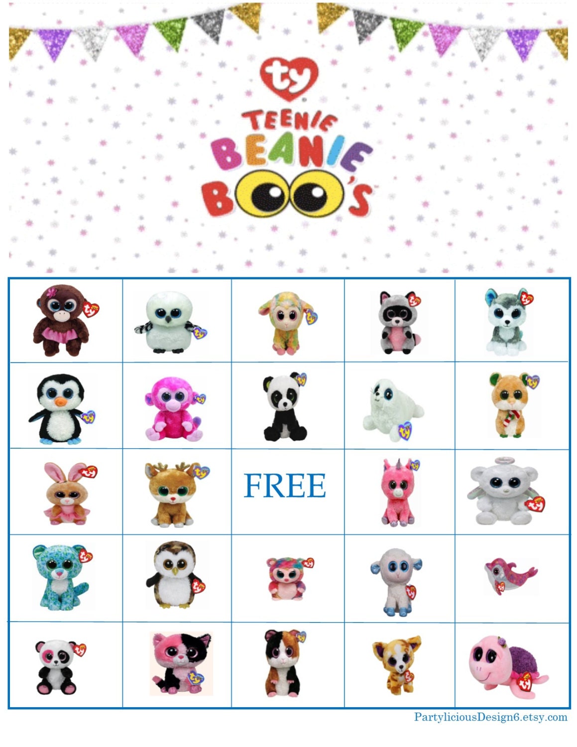 Beanie Boo Bingo Instant Download TY Party Game