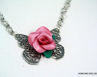 Pink Rose butterfly necklace, Silver Necklace, handmade rose, Howling Dog Jewelry