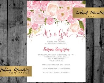 Pink Floral Baby Shower Invitation, INSTANT DOWNLOAD Watercolor Flowers, Floral Invitation, Shower Invitation, DIY, Flower Invite