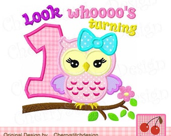 Look whoooo's turning 1 Owl Birthday Machine Embroidery Applique Design-4x4 5x5 6x6 inch