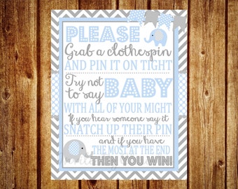 Gray and Blue Elephant Clothespin Baby Shower Game - Digital File- DIY Printable - Elephant Baby Shower Game, Chevron Party Printable